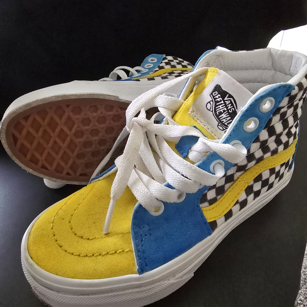 Vans Kids High-Top Sneakers - Yellow, Blue, and Black (Hand Painted) 12c